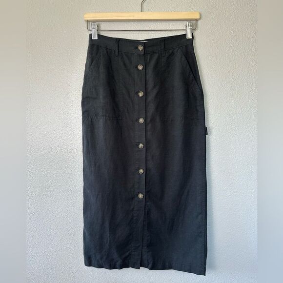 & OTHER STORIES Lyocell Linen Blend Pencil Button Front Midi Skirt Black Size 2 - Picture 3 of 11